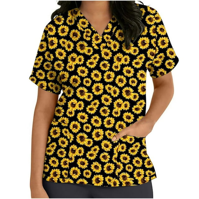 Womens Scrubs Tops Short Sleeve V-neck Tops Uniform Printed Pockets Blouse Nursing Clearance