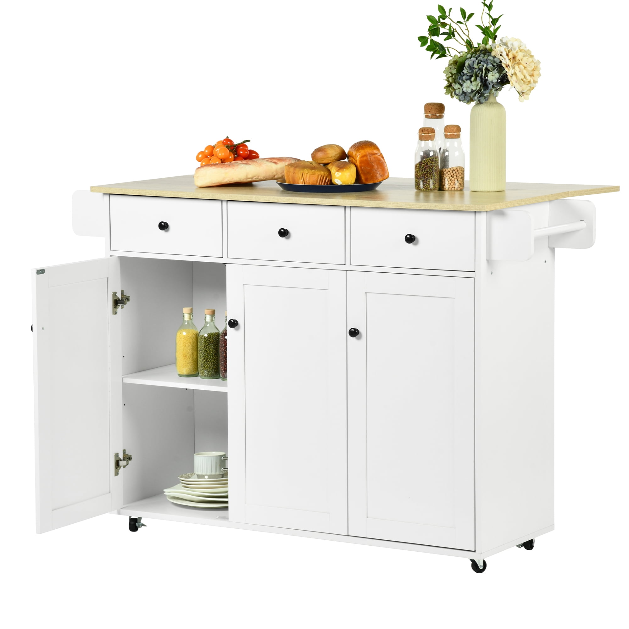 Mobile Kitchen Island Cart with Folding Drop Leaf, Light Oak Top Rolling Storage Cabinet with Drawers, Lockable Wheels & Towel Rack for Kitchen