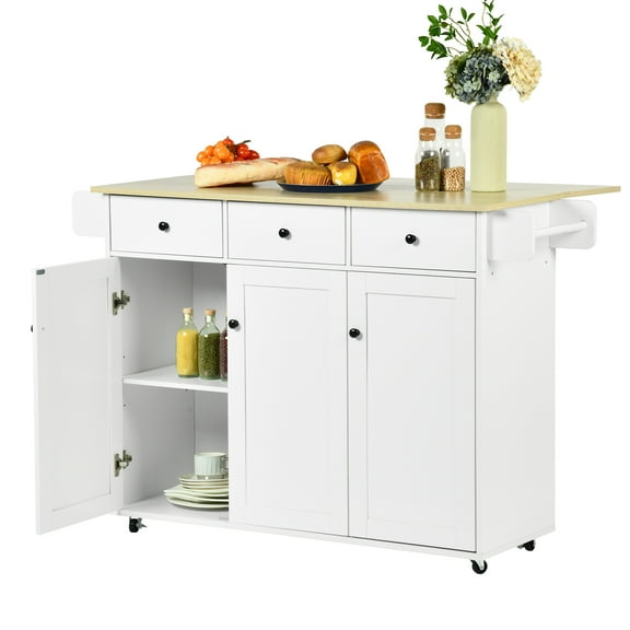 45.3" Kitchen Island with Storage Cabinets and Drawers, Rolling Utility Cart with Towel Rack and Wood Top, White