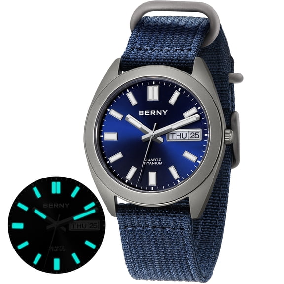 BERNY Titanium Watch for Men, Sport Men's Field Watch, Military Analog Quartz Watch with Date, Nylon Strap, Japanese Quartz Movement, Super Luminous, 10ATM Waterproof Army Wristwatch, Blue