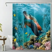 HVEST Funny Sea Turtle Shower Curtain for Bathroom,Underwater World Colorful Marine Life Tropical Fish and Coral Fabric Shower Curtain with Hooks,Blue Ocean Bathroom Curtains Shower Set, 60x72 inch
