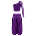 thumbnail image 2 of Haitryli Kids Girls Belly Jazz Dance Outfits Asymmetrical Shoulder Crop Top with Wide-Leg Bloomers Trousers Set Purple 12, 2 of 5