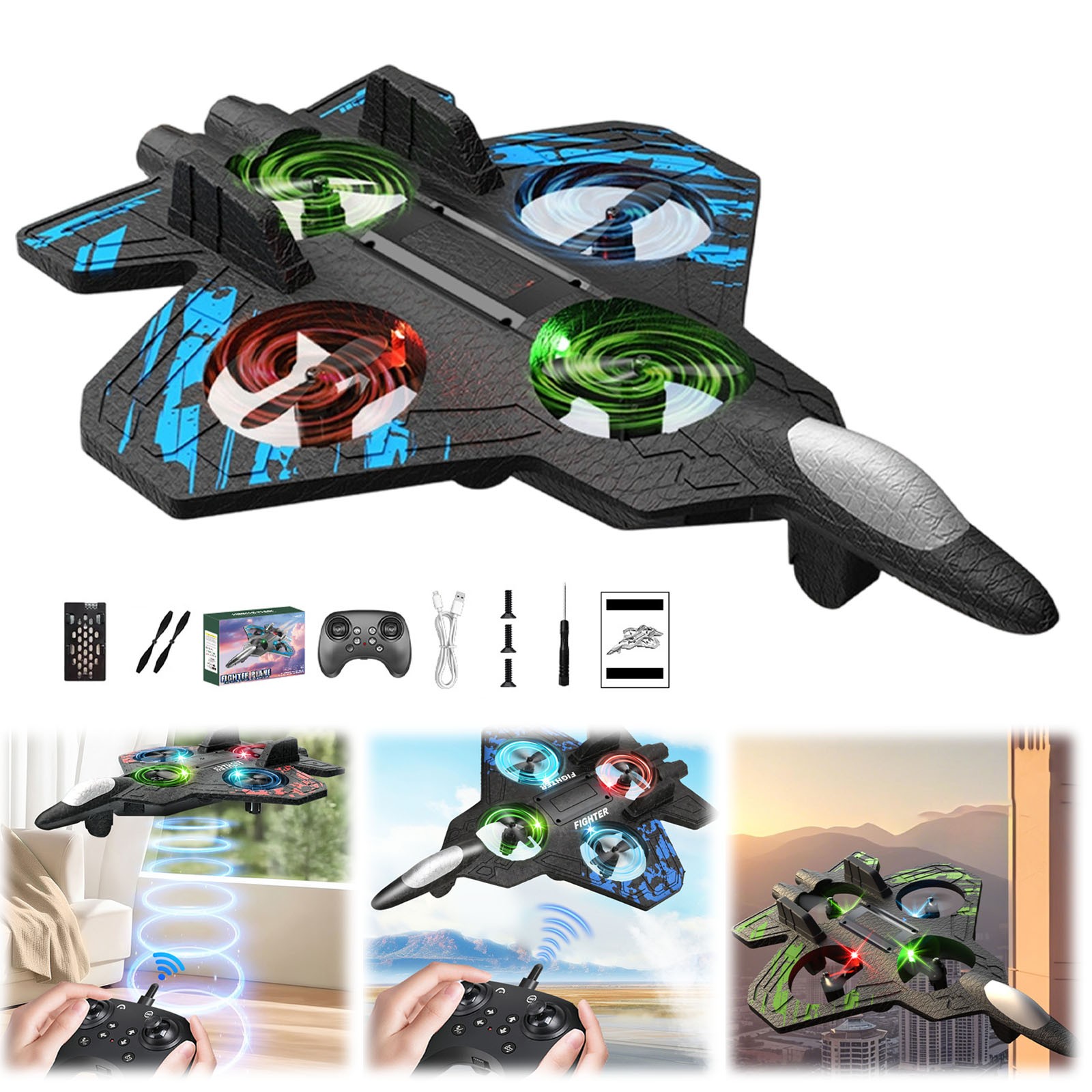 Foam Remote Control Airplanes, RC Planes for Child Adults, RC Airplane Fighter Jet with Light, 360° Flip Fighter Jet Toys, Stunt Roll, Airplane Toy Gifts for Boys, 1 Set, 10.35x8.26x2.36"
