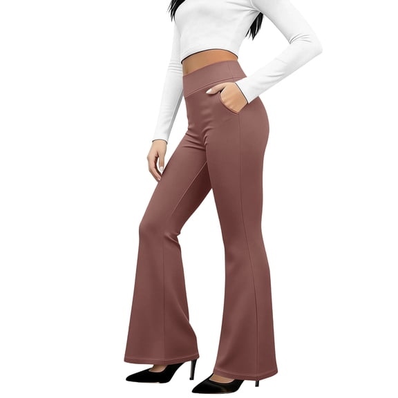 Womens Bootcut Dressy Pants Business Casual Work Pants with Pockets High Waist Stretchy Trousers Pull On Office Slacks Brown S