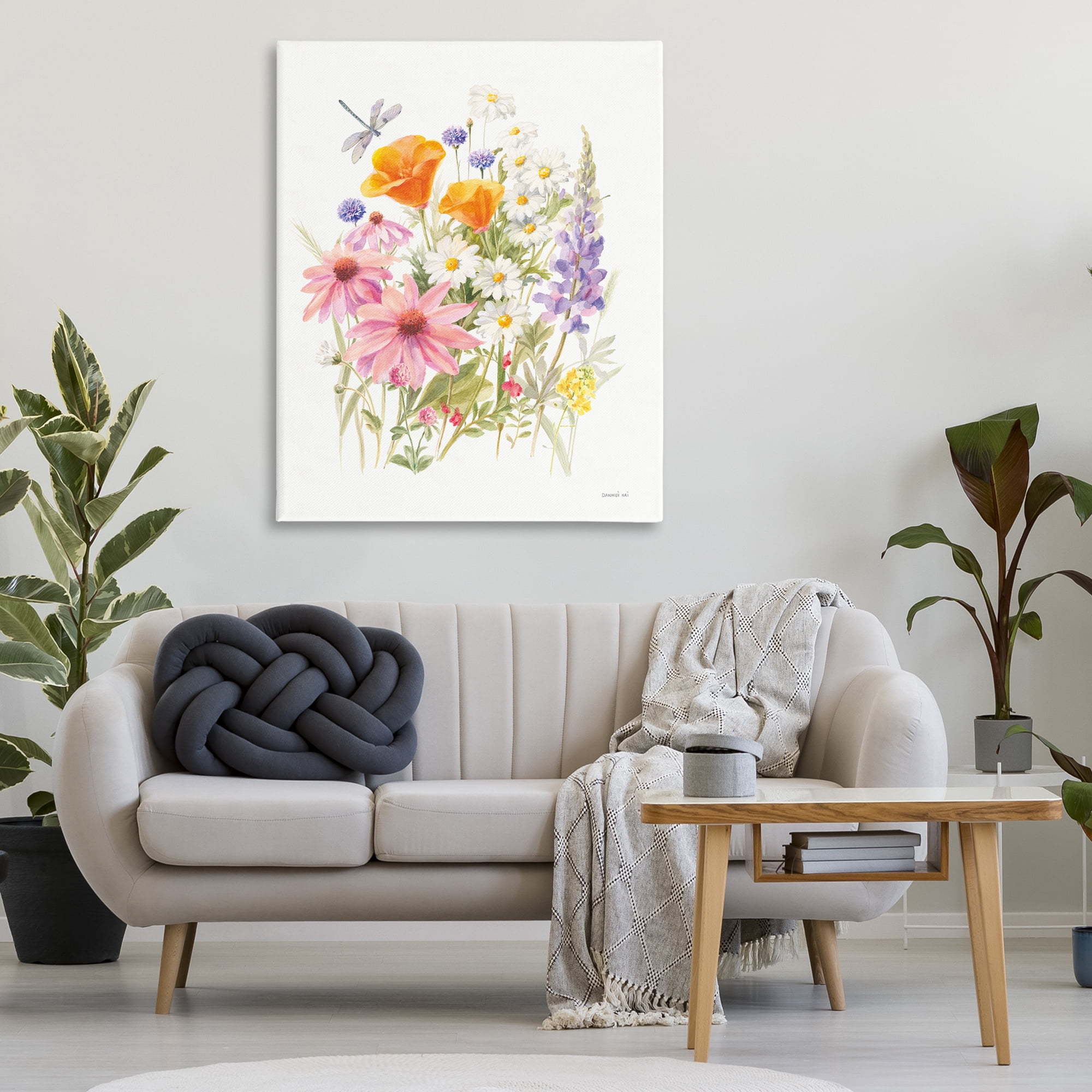 Stupell Industries Bright Flowers & Dragonfly Botanical & Floral Painting Gallery Wrapped Canvas Art Print Wall Art, 36 x 48