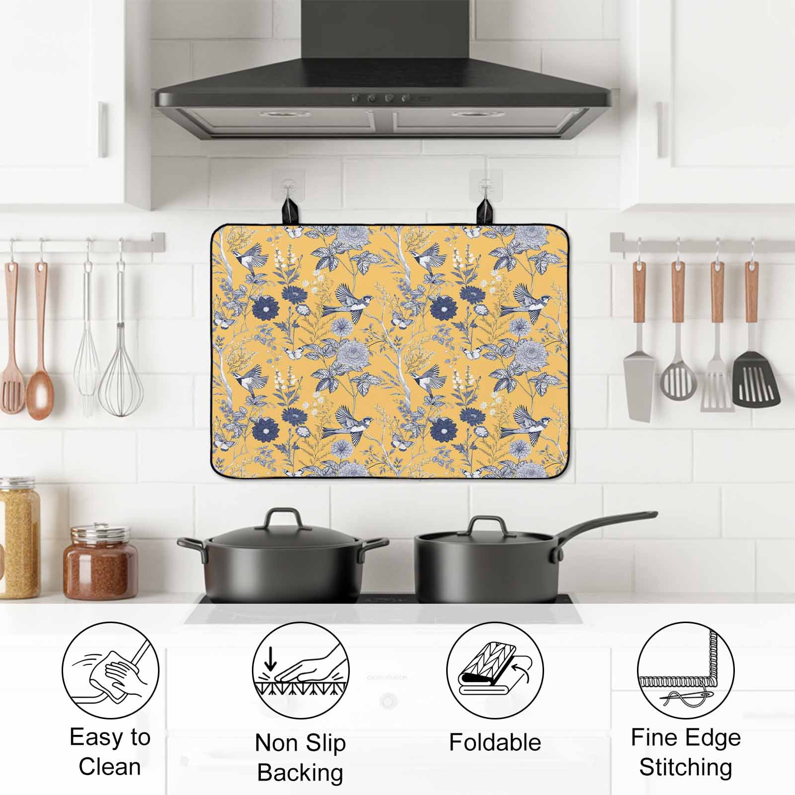 Vintage Flower Stove Top Cover for Electric Stove, Heat-proof & Non Slip Glass Top Stove Cover Protector, Country Bird Garden Butterfly Yellow Kitchen Flat Cooktop Rubber Mat 28.5x20.5 Inches