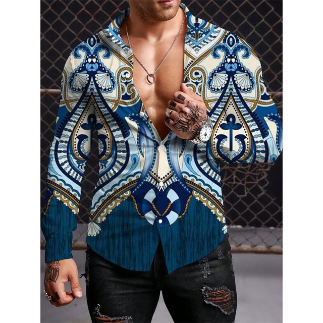 Camisas de manga larga con estampado retro para hombre, ropa de tendencia étnica, camisetas casuales de manga larga para exteriores de temporada para hombre, camisetas grandes para hombre