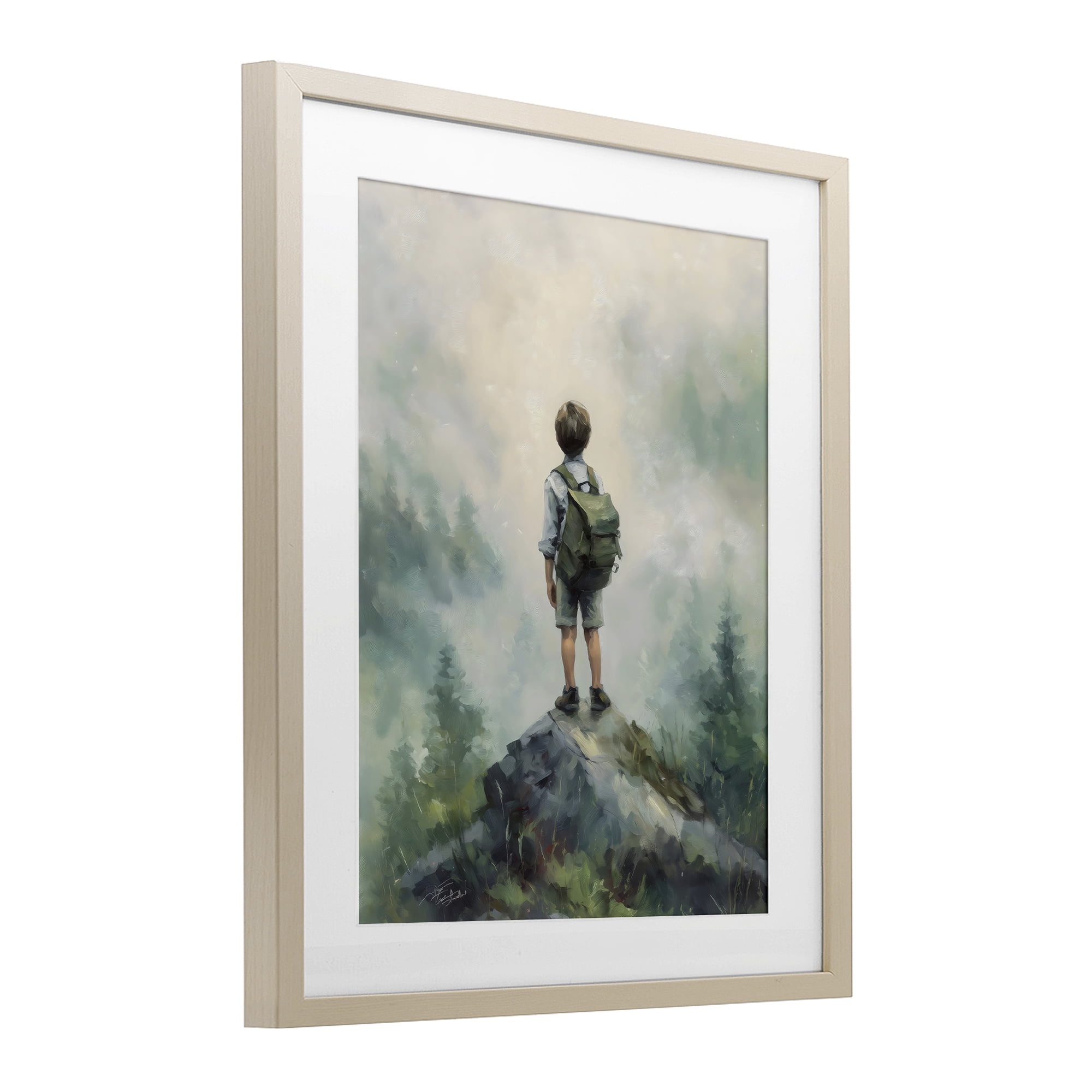 Boy Adventurer Atop Mountain Birch Framed Print Under Glass, design by Arlington Prints
