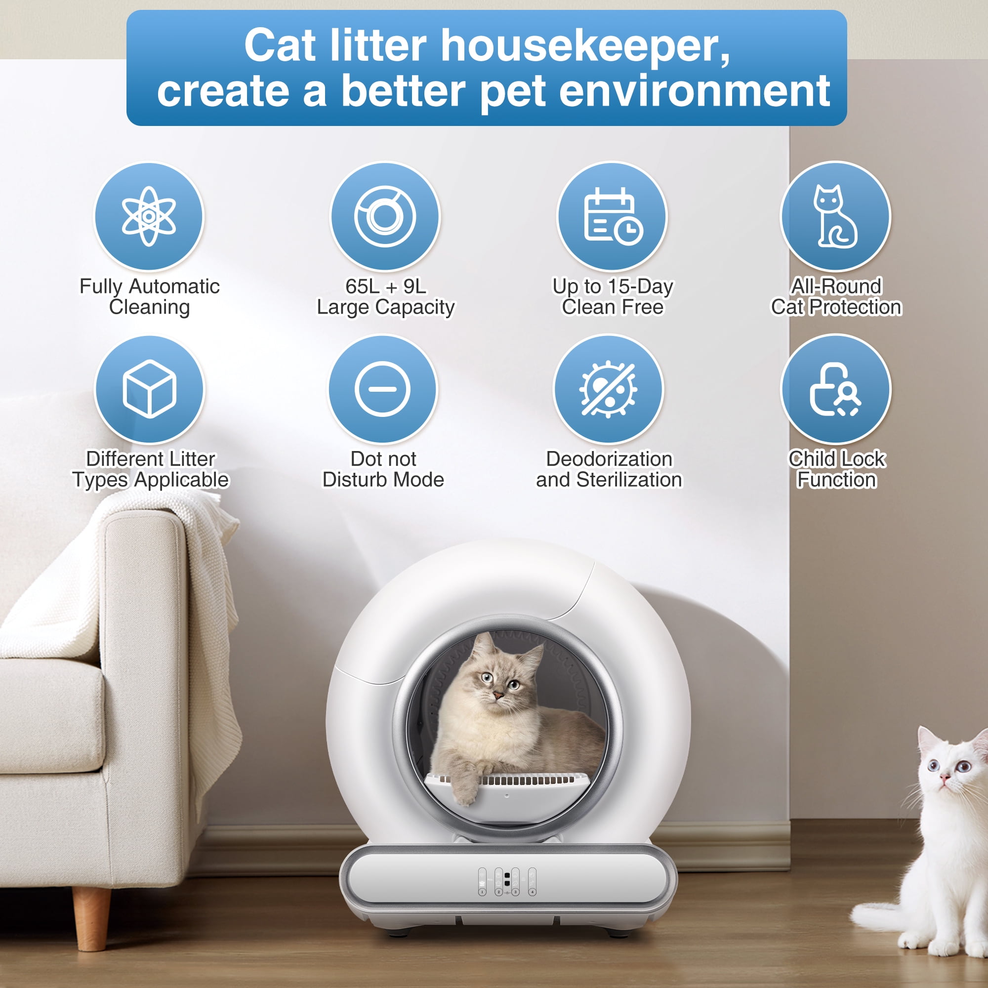 Automatic  Self Cleaning Cat Litter Box, APP Remote Control, Advanced Safety Protection & Odor Elimination for Multiple Cats, Intelligent Radar Smart Auto Litter Box with 2 Rolls Garbage Bags