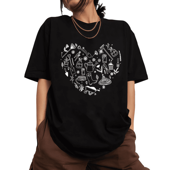 UNISHE Womens Gardening Tools Heart Graphic Short Sleeve Crewneck T-Shirt S-5XL Black Tops