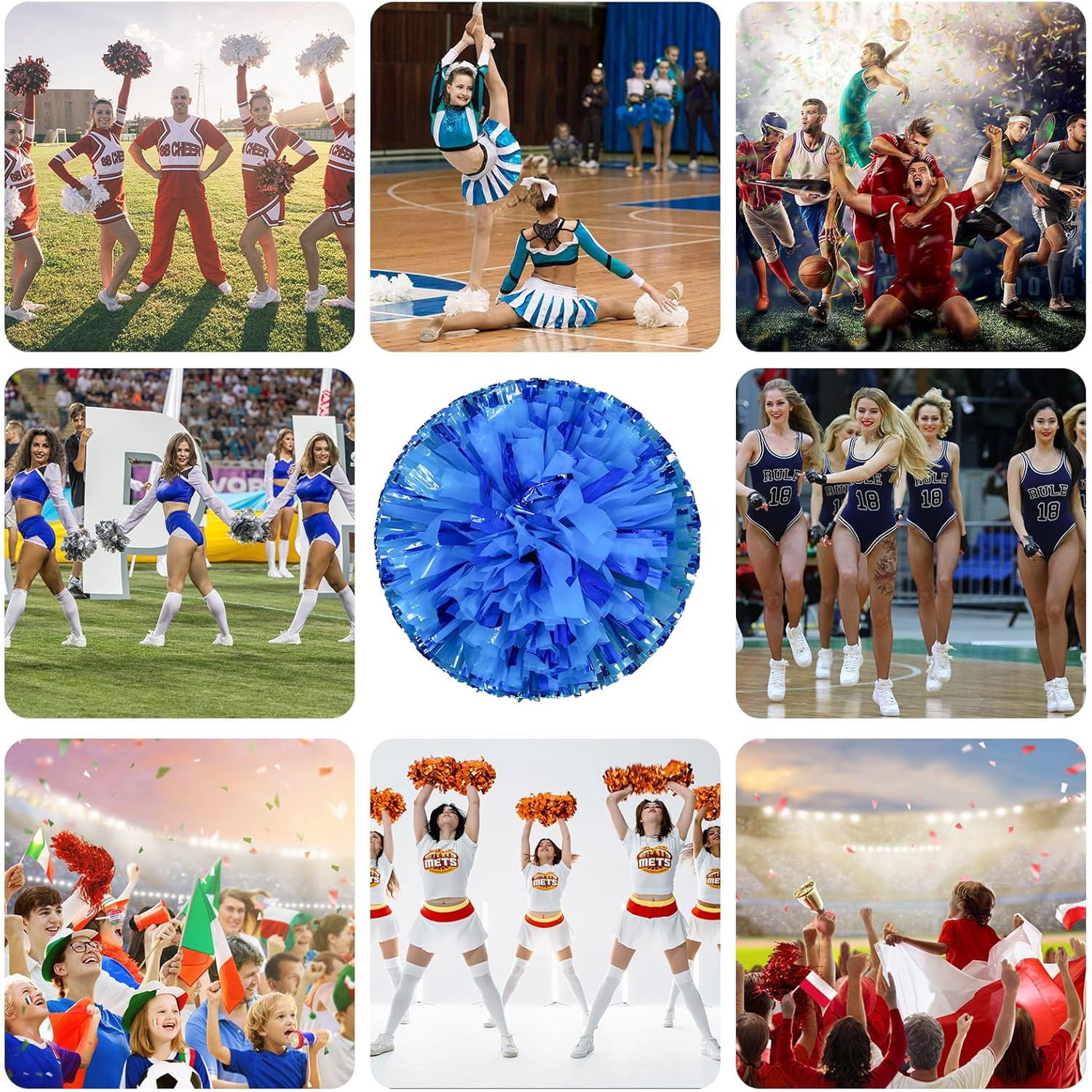 12 Pcs Cheerleading poms,pom poms Cheerleading with Finger Holes Metallic Foil Cheer Pom Pomsfor Dance, Matches, Team Spirit Sports (Mixed Blue)