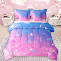 Manfei Chic Mermaid Print 7 Pieces Bedding Comforter Set,Sea Ocean Animal Full Bedding Set,Gradient Pink Blue Fitted Sheet Flat Sheet For Girls,Ultra Soft Home Decor Reversible