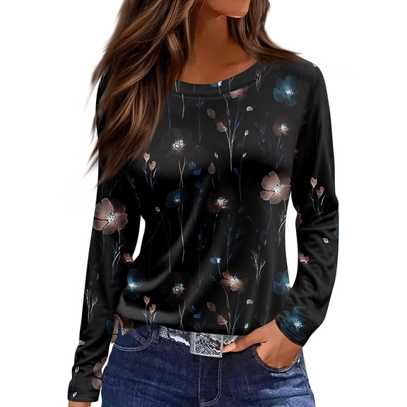 OIOLOYJM Womens Tops Casual Vintage Floral Print Long Sleeve Crew Neck Shirts Cotton Loose Fit Work T Shirts Spring Basic Outfits Black M