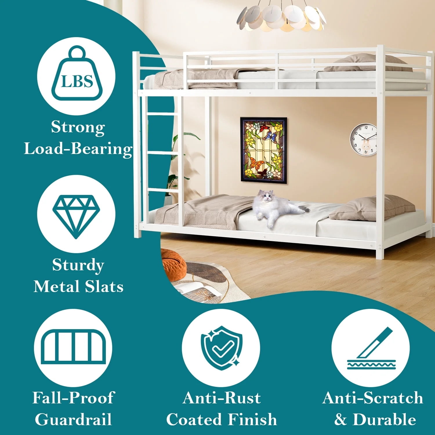 Alvantor Twin over Twin Bunk Beds for Kids Teens, Heavy Duty Low Bunkbeds with Ladder and Safety Guardrails White