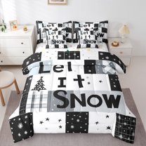 jejeloiu Let It Snow Twin Bedding Sets 7-Piece,Merry Christmas Bedding Comforter Set,Black White Plaid Sheet Sets For Boy Kids,Microfiber Bedroom Decor Reversible