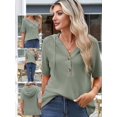 thumbnail image 4 of Blusas de Verano para Mujer, de Punto Gofre, de Corta, con Cordón, Sudaderas con Botones y Cuello en V, Blusas Informales, Camisas. Verde S, 4 of 9