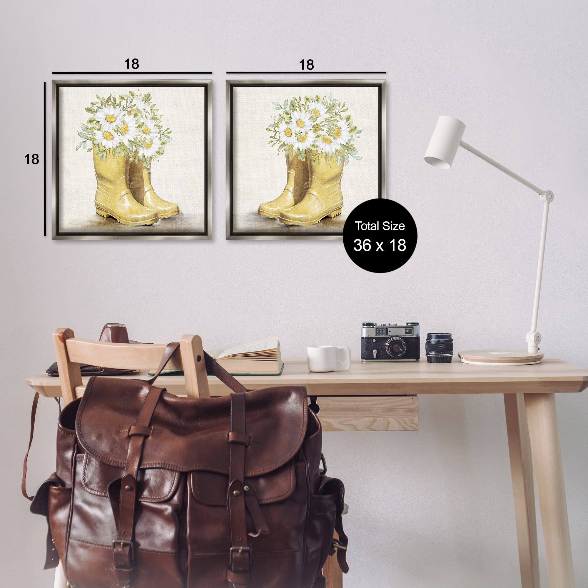 Stupell Industries Yellow Garden Boots Daisies Plants & Flowers Painting Gray Floater Framed Canvas Art Print Wall Art, 18 x 18, Set of 2