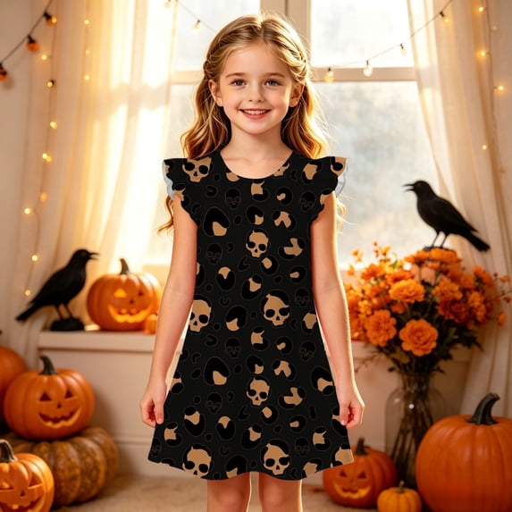 HAYIMI Girls Halloween Skeleton Dress , O-Neck Ruffle Flutter Sleeve Dresses, Cute Cartoon Print Loose Kids Dress for Bedroom Wear Birthday Sundress