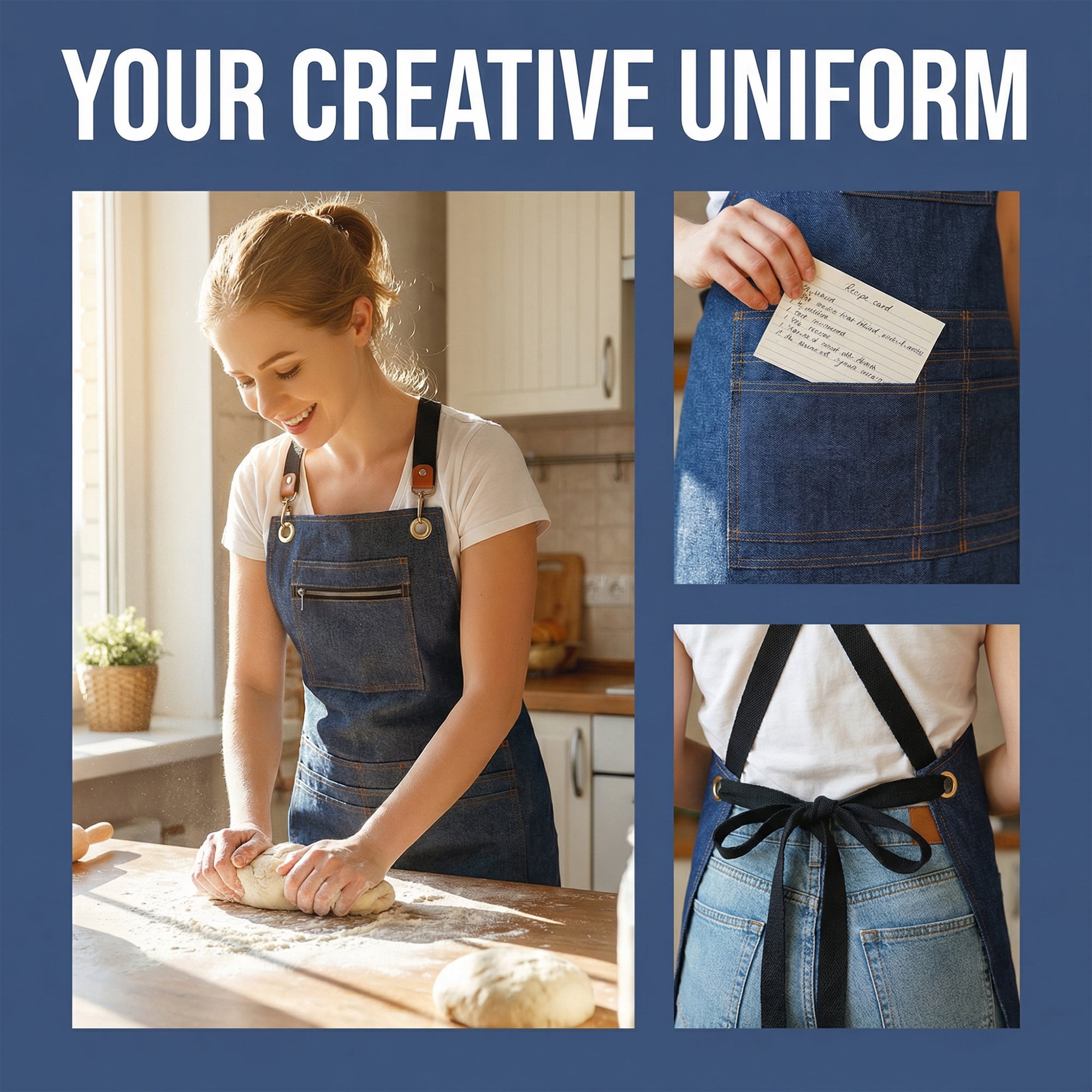Unique Bargains Aprons with Pockets Adjustable Long Waist Cooking Apron Durable Blue