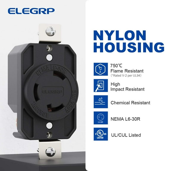 GHRTGR-NEMA L6-30R Flush Mounting Locking Receptacle, Twist Lock Socket/Outlet for Generator, 30 Amp 250V 2 Pole 3 Wire Grounding, Industrial Grade Heavy Duty, UL Listed (1 Pack, Black)