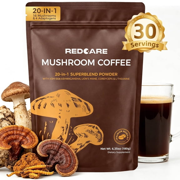 Mushroom Coffee with16 Superfood Mushrooms Mix with with Lions Mane & Chaga, Low Acid Instant Coffee for Focus Stress Relief & Immune Support, 30 Servings-6.35oz