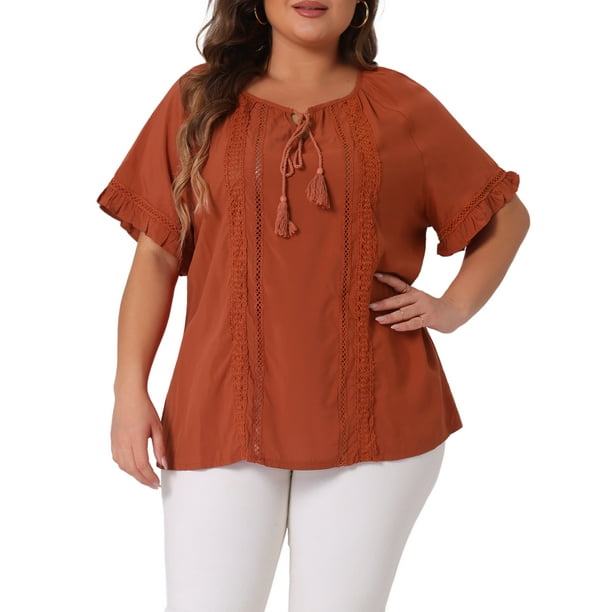 Camisas de mujer de talla grande GRACE & GRANDEUR con flecos, blusas de encaje con mangas acampanadas, 3X caramelo