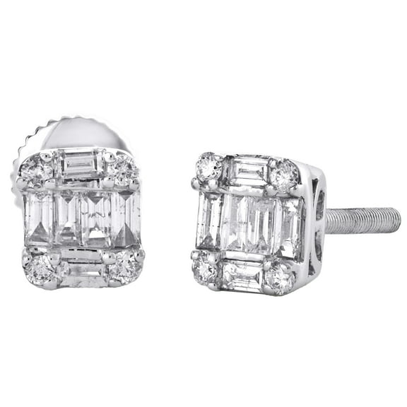 14K White Gold Round & Baguette Diamond 6.25mm Mini Square Stud Earrings 0.37 Ct