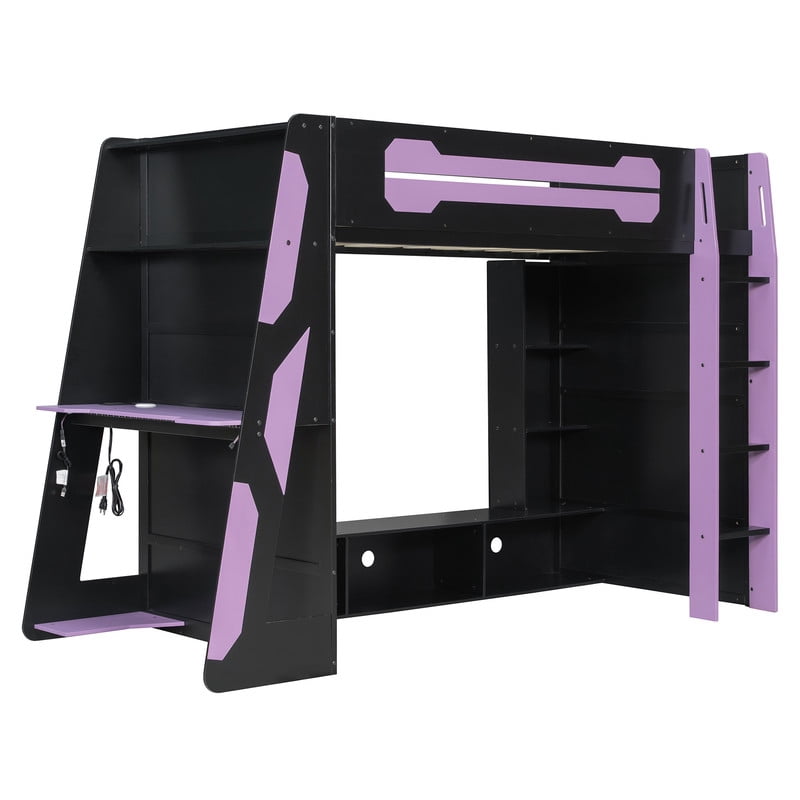 Twin Size Gaming Loft Bed with Desk and RGB LED Light, Wooden Loft Bed Frame with Workstation and Storage Shelves for Bedroom, Dorm Room