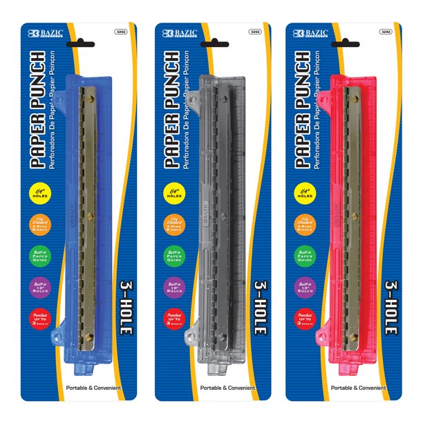 BAZIC Paper Punch 3 Hole 1/4" w/ 10" Ruler Paper Guide, Desktop