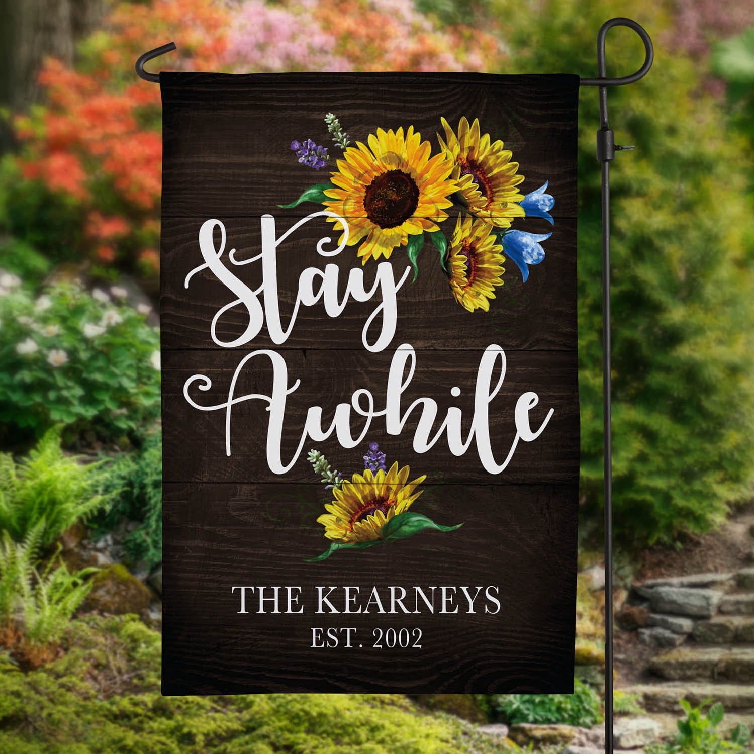 Stay Awhile Personalized Garden Flag