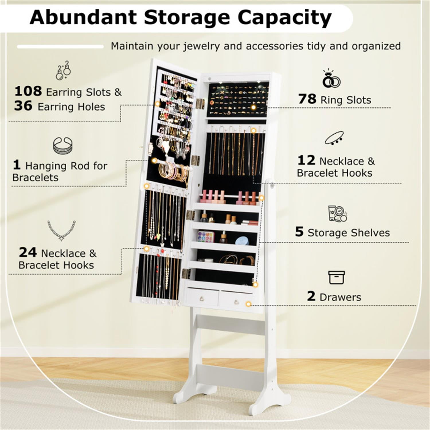 Demi Bonn Freestanding Rolling Floor Standing Jewelry Armoire with Full-Length Mirror and Lights, Lockable Makeup Storage Organizer, White