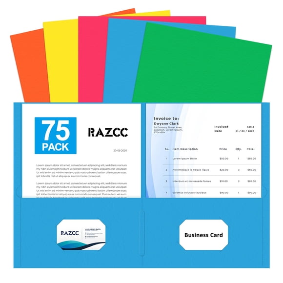 Two Pocket Folders, RAZCC 75 Pack 2 Pocket Folders Fit Letter Size Paper, Paper Folders with Pockets for School Office Business Home, Assorted 5 Colo