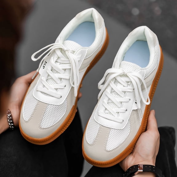 Men's Retro Beige Gum Sole Mesh Leather Lace Up Casual Sneakers, Non-Slip Lightweight Walking Trainers, Wide Toe Street Fashion Daily Driving Footwear