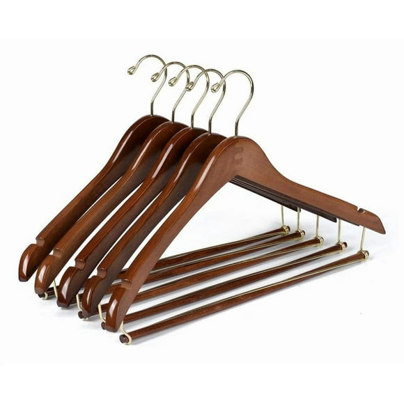 10 Quality Hangers Curved Wooden Hangers Beautiful Sturdy Suit Coat Hangers with Locking Bar Gold Hooks Walnut Finish (10)