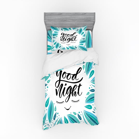 Saying Duvet Cover Set, Night Message Bordered with Aquatic Color Droplets, Bedding Set with Shams and Fitted Sheet, 3 Sizes, by Ambesonne