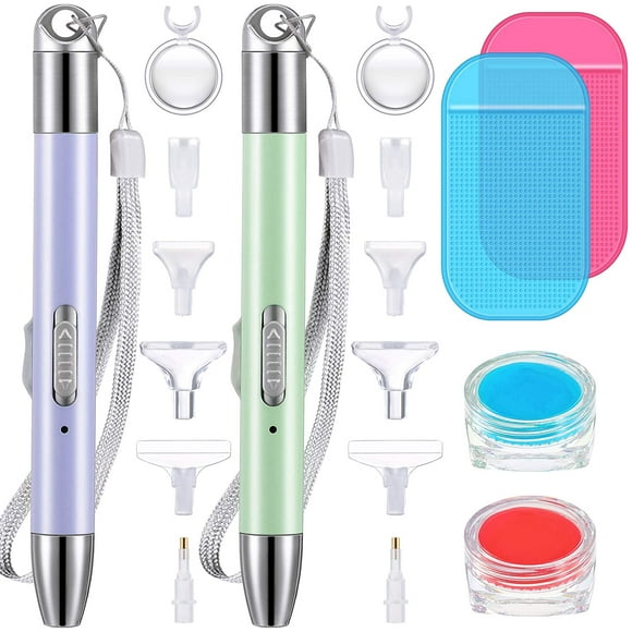 2 Pieces Diamond Painting LED Drill Pens with Light, 5D Diamond Painting Point Pen with 2 Light Modes, 12 Replacement Pen Heads, 2 Anti-Slip Mats, 2 Wax Organizer Storage Cases (Purple, Green)