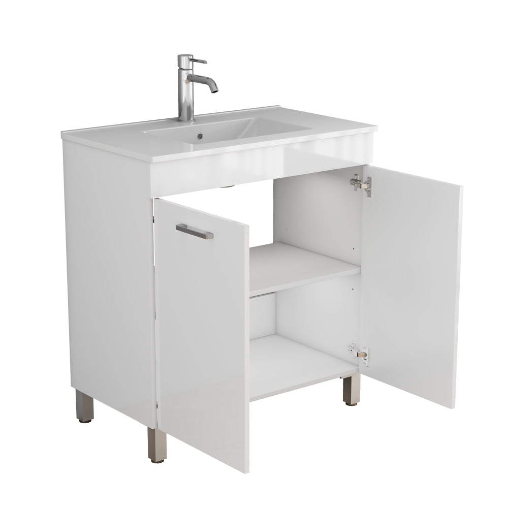32-Inch Floor-Mounted Bathroom Vanity with Sink Combo,Double Doors With Soft Close Hinges,Bathroom Cabinet With Adjust Shelf,Metal Handle ,Ceramic Basin,Adjustable Silver Feet,Glossy White