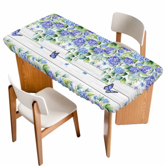 Purple Hydrangea Table Cloths for 4 Foot Rectangle Tables, Spring Eucalyptus Butterfly Grey Wooden Patio Waterproof Elastic Fitted Tablecloths, Washable Rectangular Table Cover for Camping