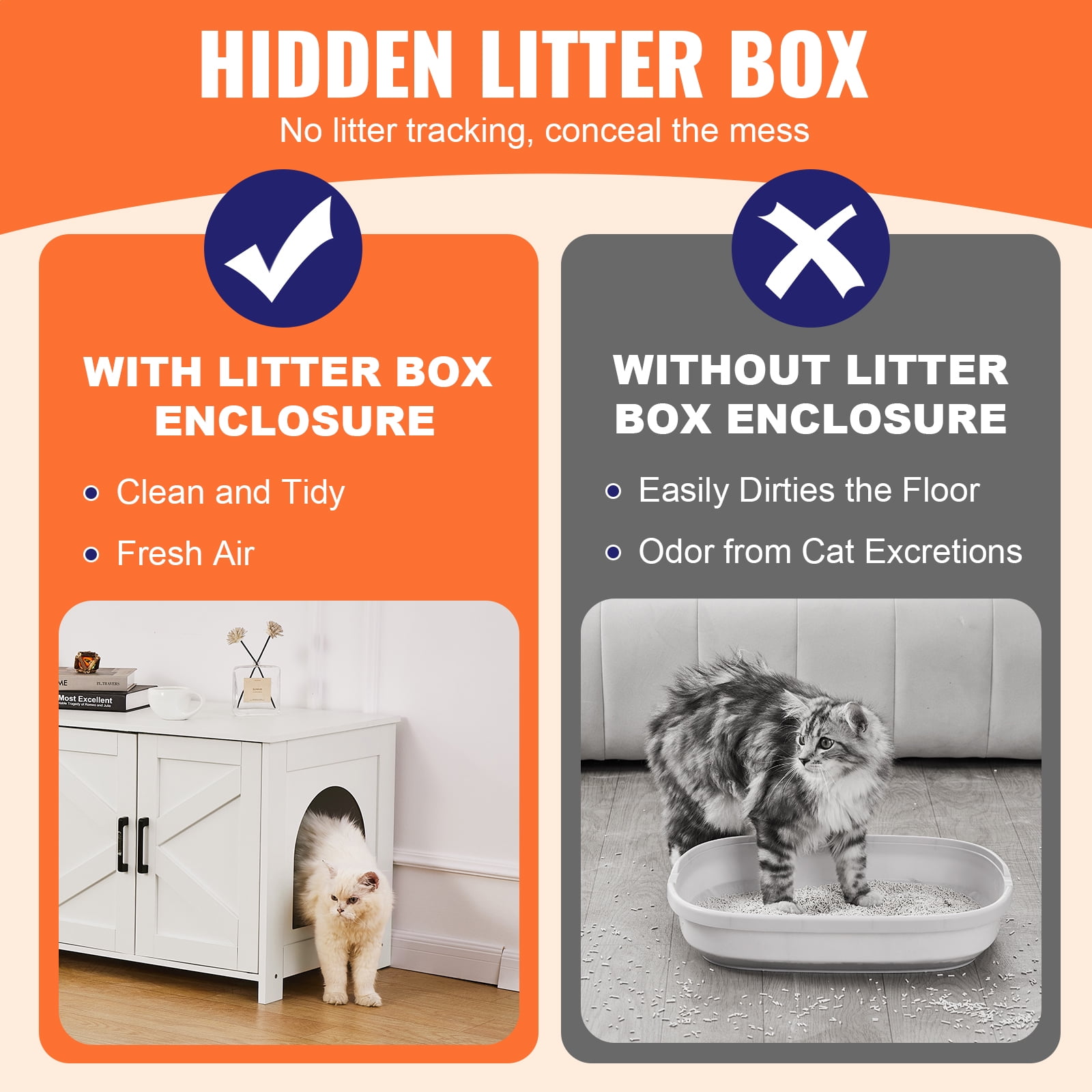 KFFKFF Dual Cat Privacy Litter Cabinet, Spacious Wooden Enclosure for Multiple Cats, Conceals Litter Pans, 47.2"L x 18.5"W x 19.7"H, in White