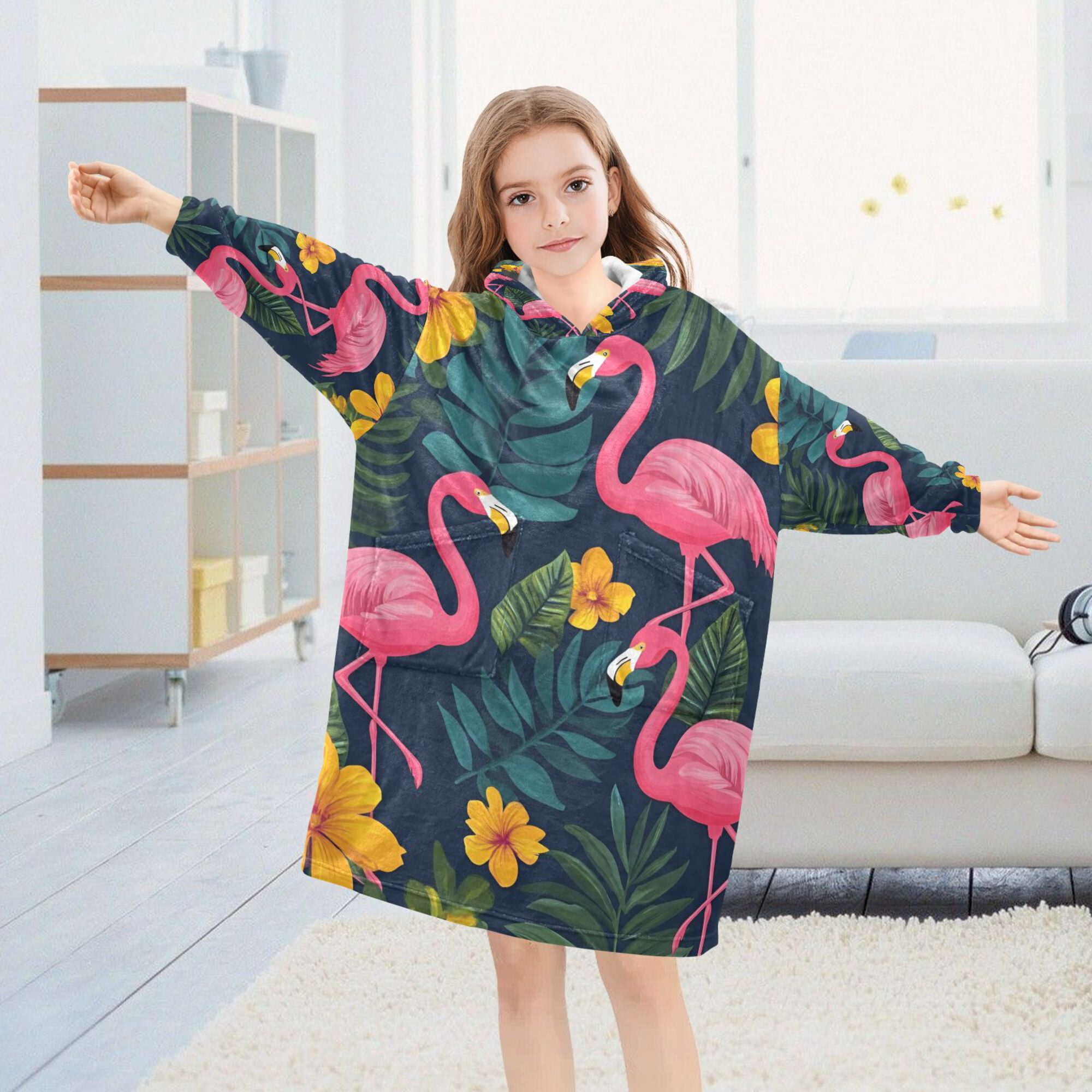 FORMRS Wearable Blanket Hoodie with Sleeves for Kids Cozy Flannel Sweatshirt, Yellow Floral Flamingo