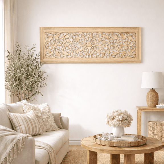 Expobazaar Wall Décor | Wooden Floral Hand Carved Mandala Rectanguler Accent | 20X63"