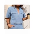 thumbnail image 6 of Women'S Denim 2 Piece Outfits Summer Lapel V Neck Crop Top Jean Skirt Shorts Set with Pockets Light S, 6 of 9