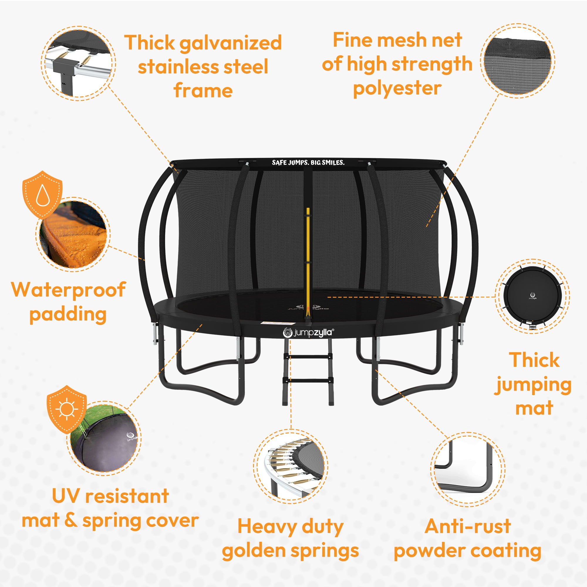 JUMPZYLLA Trampoline Outdoor with Enclosure and Ladder, ASTM, 12 ft, Black