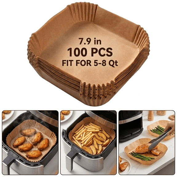 Hugrose 100Pcs Square Air Fryer Liners Disposable, 7.9 Inch Parchment Paper for Basket, Greaseproof Baking Paper for Frying Roasting Microwave Oven, Unbleached Natural
