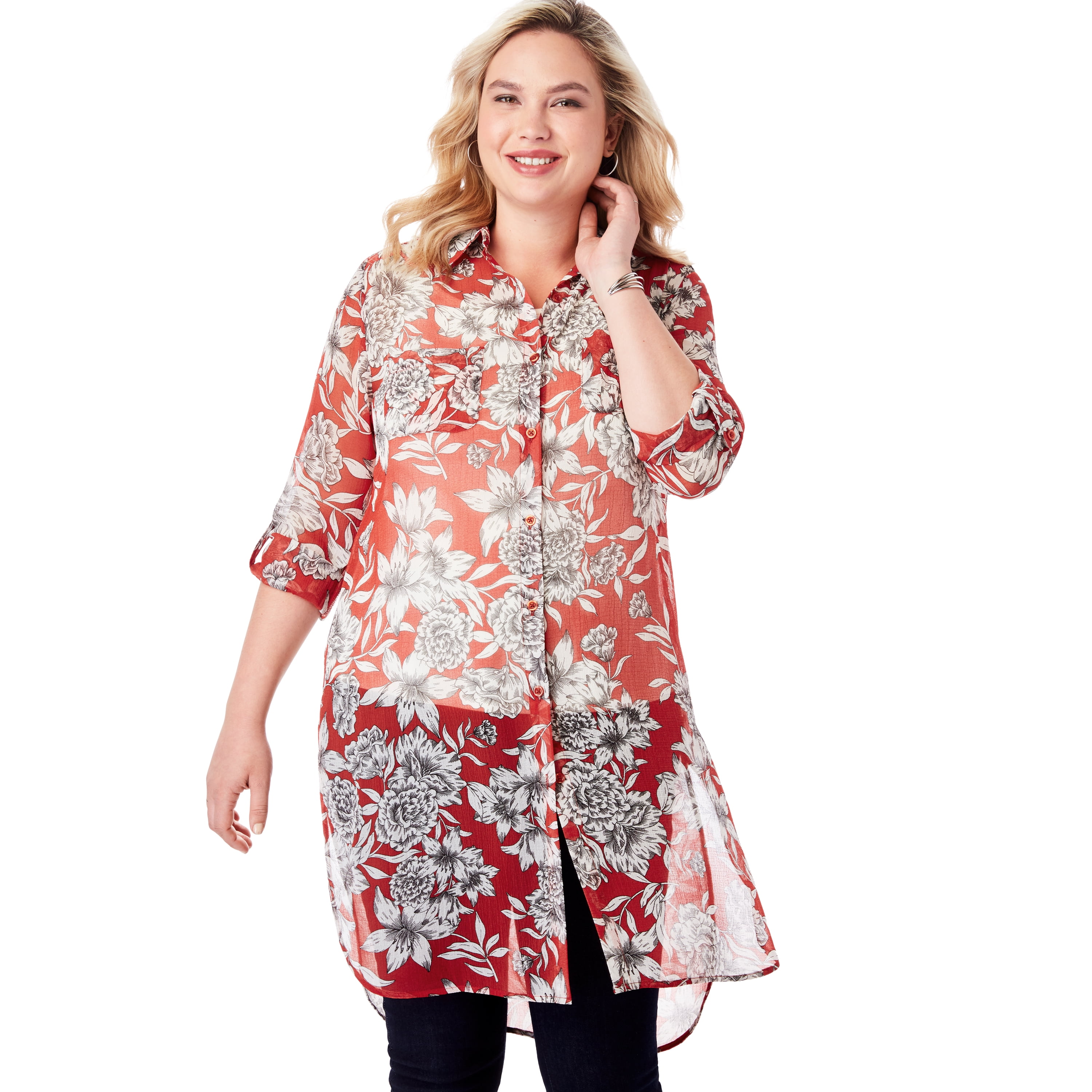 Mega Tunic Long Sheer Button Down Shirt 