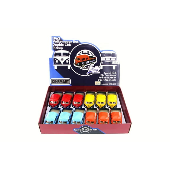 1963 Volkswagen Bus Double Cab Pick-Up Diecast Car Package - Box of 12 1/34 Scale Diecast Model Cars, Assorted Colors
