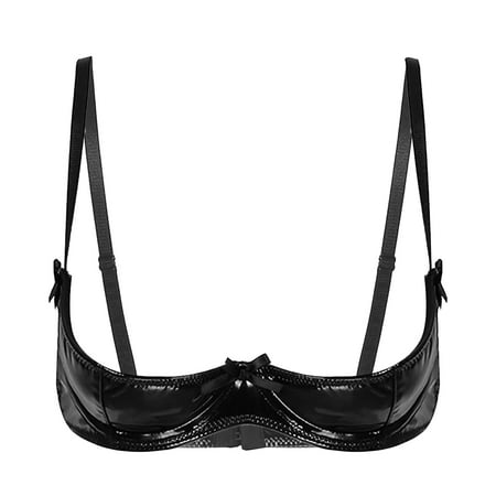 YEAHDOR Womens Shiny Patent Leather 1/4 Cups Balconette Underwired Push Up Bra Tops Lingerie Black 5XL