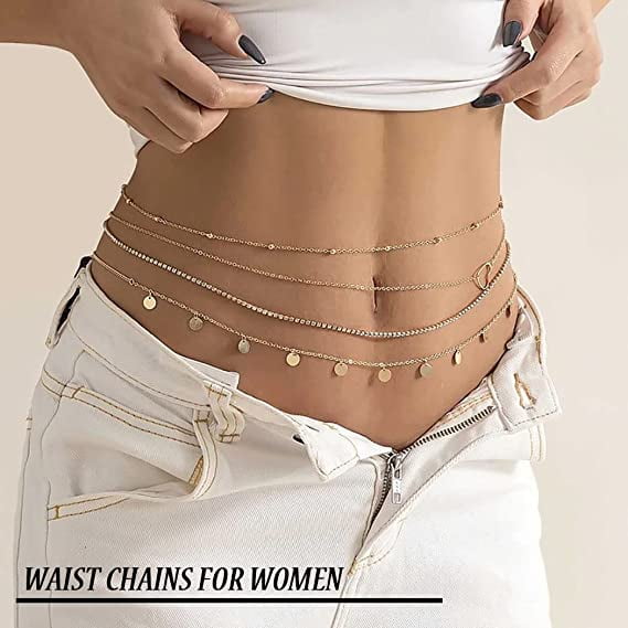 nipocaio Gold Waist Chain Set Glitter Rhinestone Body Chains Pearl Belly  Chain Jewelry for Women and Girls 