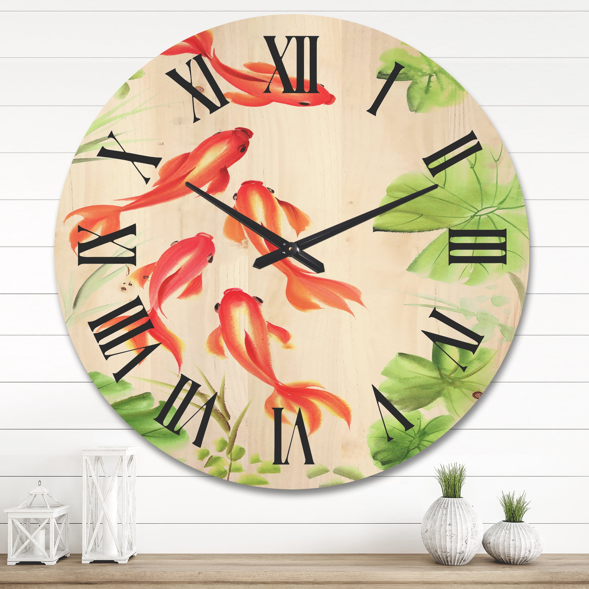 Designart 'Ancient Goldfishes Among The Lotus Leaves' Nautical & Coastal Wood Wall Clock