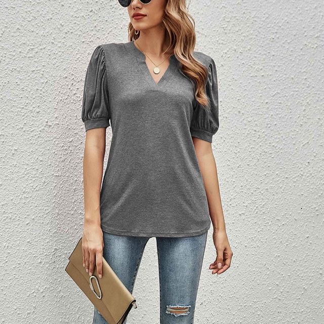 Female Puff Sleeve Top, V Neck Casual Fit Puff Sleeve Blouse Fashionable For Summer